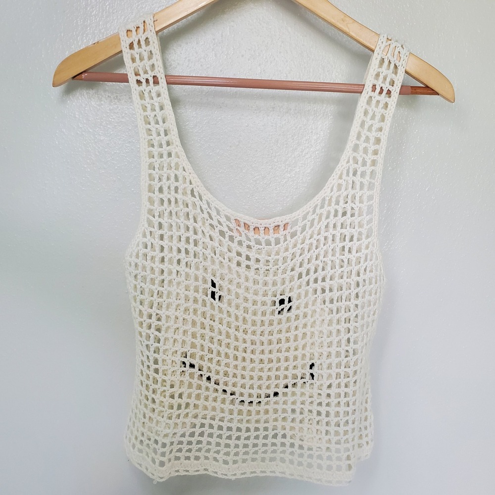 Reverse Crochet Smiley‎ Face Tank Top Sleeveless Knit Boho Festival Summer - Picture 2 of 5